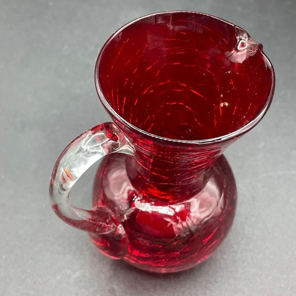 Vintage Ruby Red Crackle Glass Mini Pitcher Applied Clear Handle Pontil Mark